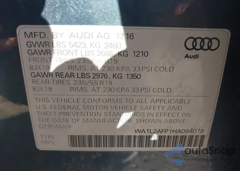 2017 Audi Q5 2.0T Premium из США, поврежденный, VIN WA1L2AFP1HA094018